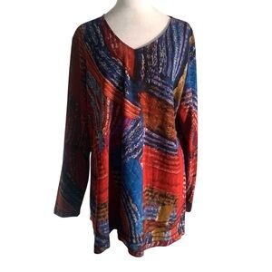 Ali Miles Women’s Large Colorful Abstract Print Long Sleeve V Neck Tunic Top